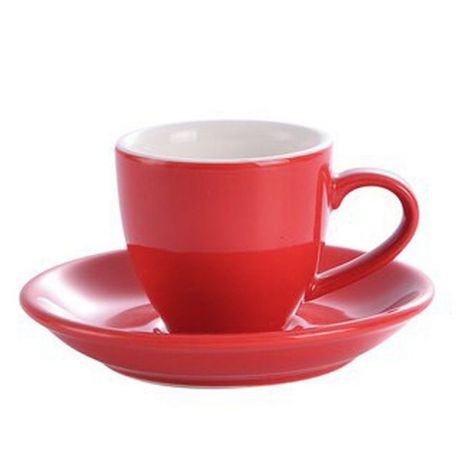 Porcelanska skodelica za espresso s prostornino 80 ml, primerna za klasični ali dvojni espresso.  Vključuje podstavek. Barva: rd