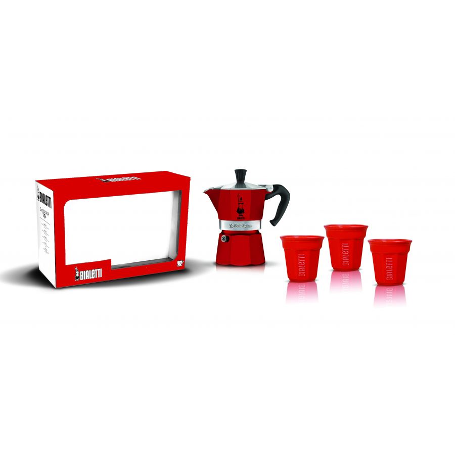 Darilni set Bialetti moka express 3 porcije + 3 skodelice, rdeča