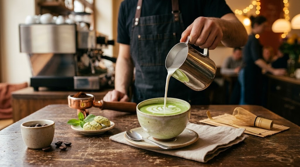 Priprava matcha latteja